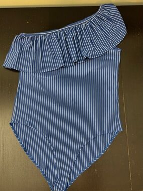 Blue One-Shoulder Ruffle Stripe Bodysuit
